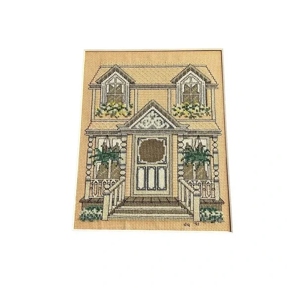 Vintage Cross Stitch Victorian House With Ferns Signed Dated - Picture 9 of 11